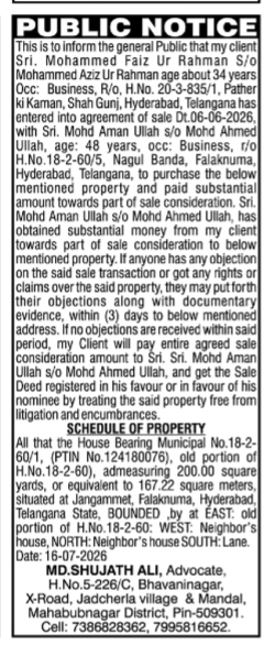 Property Sale Notice: Falaknuma, Hyderabad
