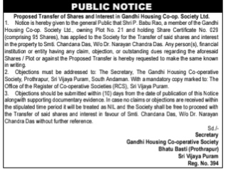 Proposed Share Transfer Notice: Gandhi Housing Co-op. Society Ltd.