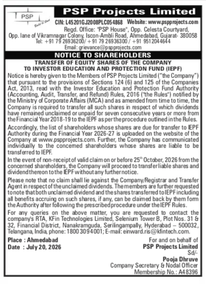 PSP Projects Limited Notice to Shareholders (July 2026)