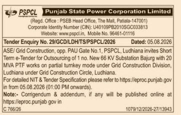 PSPCL E-Tender Notice: 66 KV Substation Bajurg Outsourcing Works (Tender No. 29/2026)