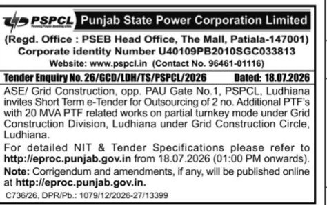 PSPCL E-Tender Notice: Outsourcing of PTF Works in Ludhiana (July 2026)