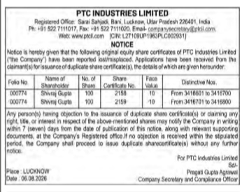 PTC Industries Limited - Public Notice for Loss of Share Certificates