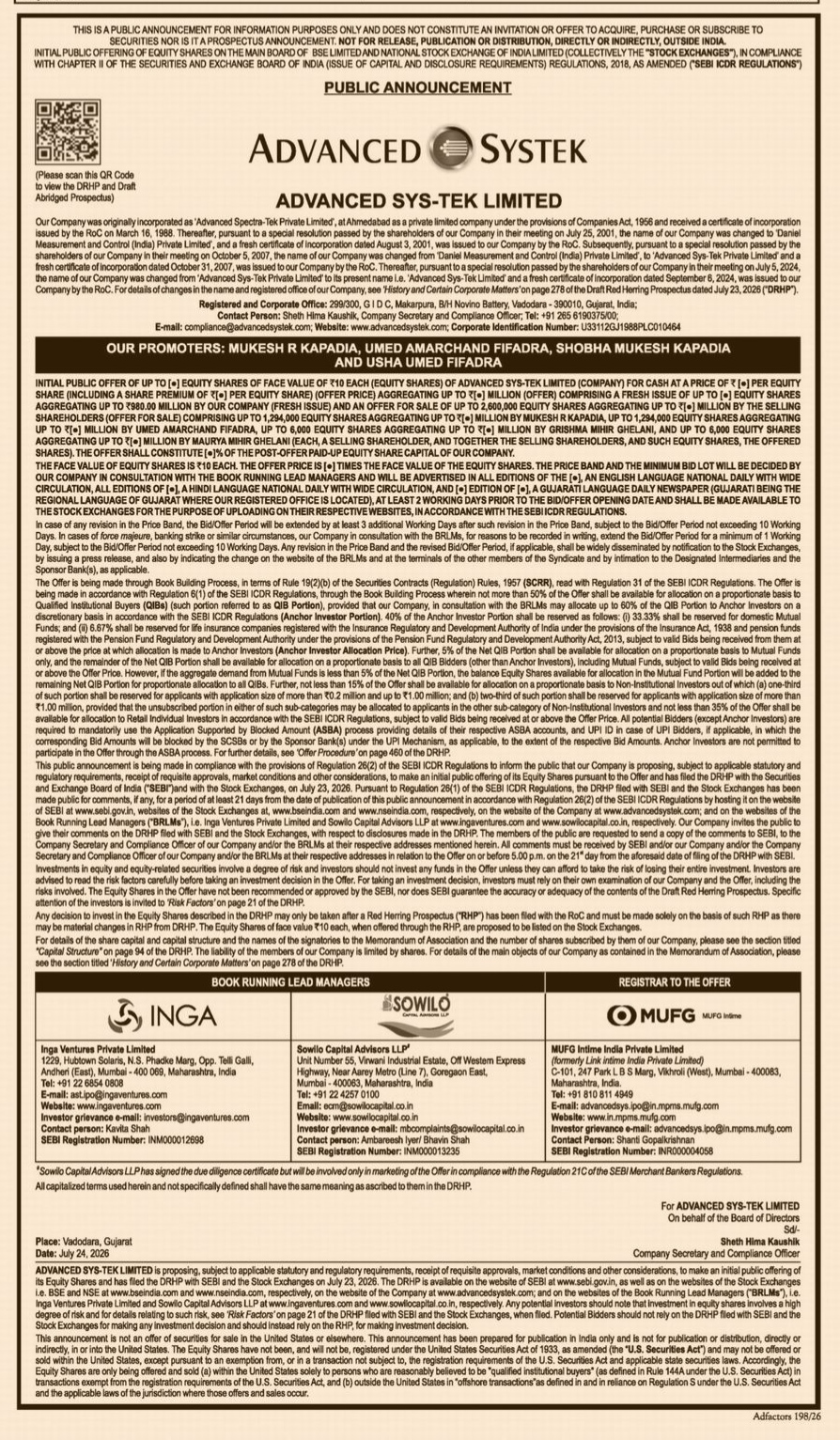 PUBLIC ANNOUNCEMENT: ADVANCED SYS-TEK LIMITED