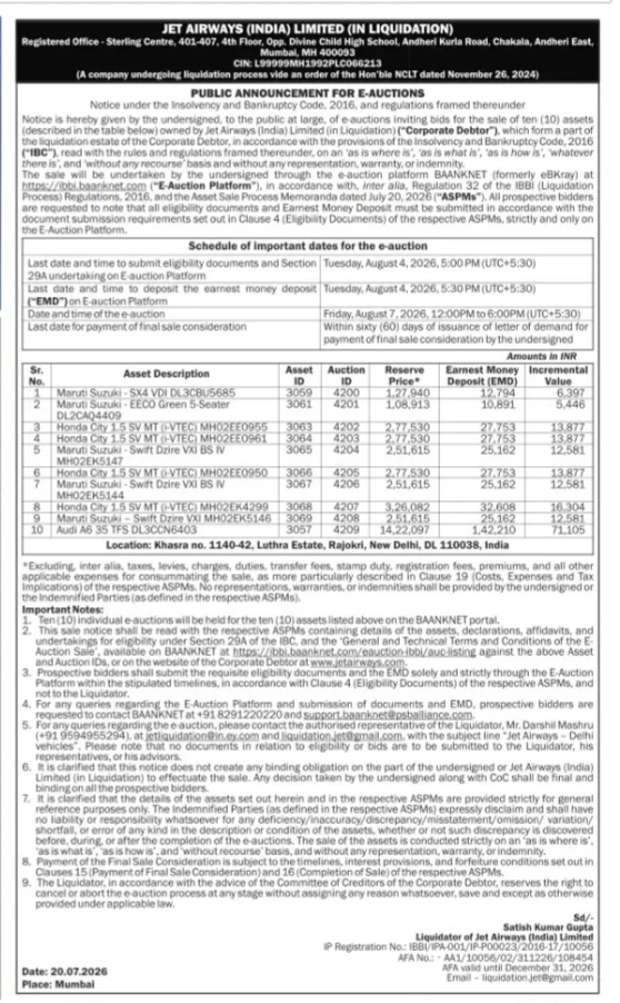 Public Announcement for E-Auctions: Jet Airways (India) Limited (In Liquidation)