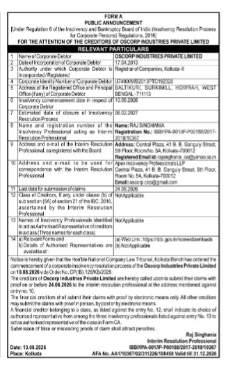 Public Announcement for Insolvency Resolution of Oscorp Industries Private Limited