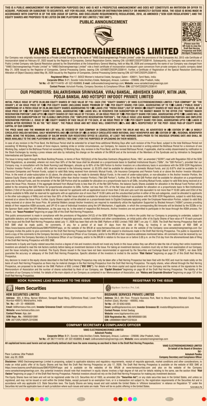 Public Announcement for the Initial Public Offering (IPO) of Vans Electroengineering Limited