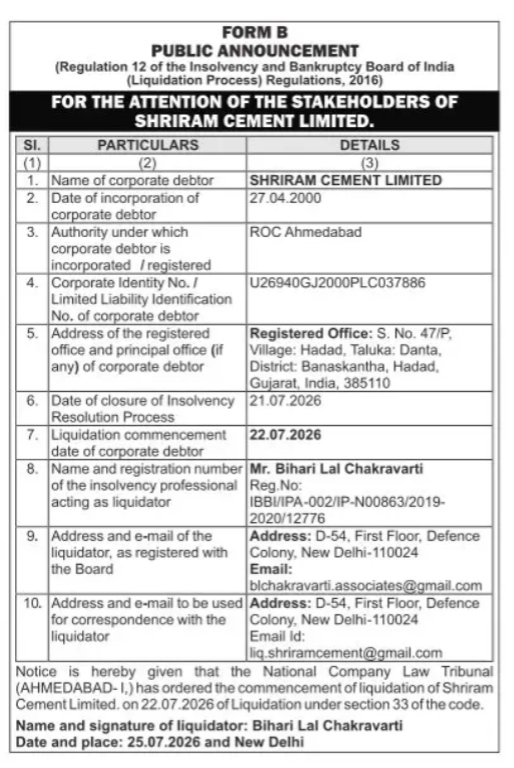 Public Announcement of Liquidation for Shriram Cement Limited