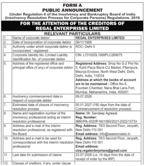 PUBLIC ANNOUNCEMENT OF REGARDING THE INSOLVENCY RESOLUTION PROCESS FOR REGAL ENTERPRISES