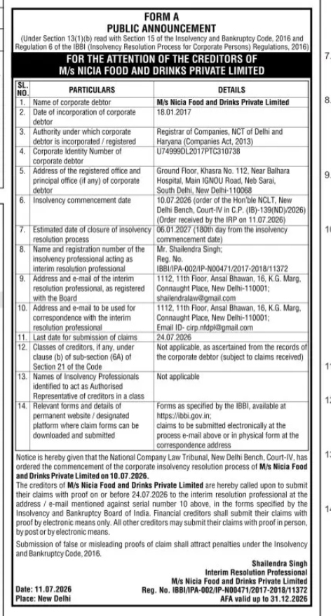 PUBLIC ANNOUNCEMENT REGARDING RHE INSOLVENCY RESOLUTION PROCESS