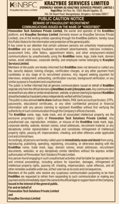 Public Caution Notice: Fraudulent Recruitment Warning by KrazyBee and KreditBee