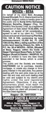 Public Caution Notice regarding Land Plots in Mouza-Besa, Nagpur