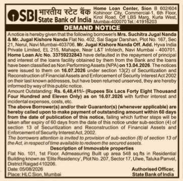 public Demand Notice issued by the State Bank of India (SBI) against borrowers who have defaulted on their home loan.