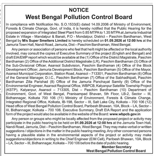 Public Hearing Notice for Integrated Steel Plant Expansion in West Bengal