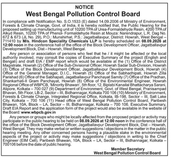 Public Hearing Notice for Proposed Manufacturing Unit by M/s. Hindcon Speciality Chemicals LLP in Howrah, West Bengal