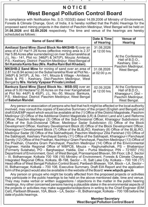 Public Hearing Notice for Sand Mining Projects in Paschim Medinipur