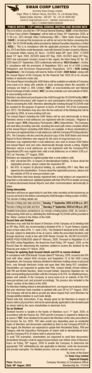 Public Notice: 118th Annual General Meeting and Record Date for Swan Corp Limited