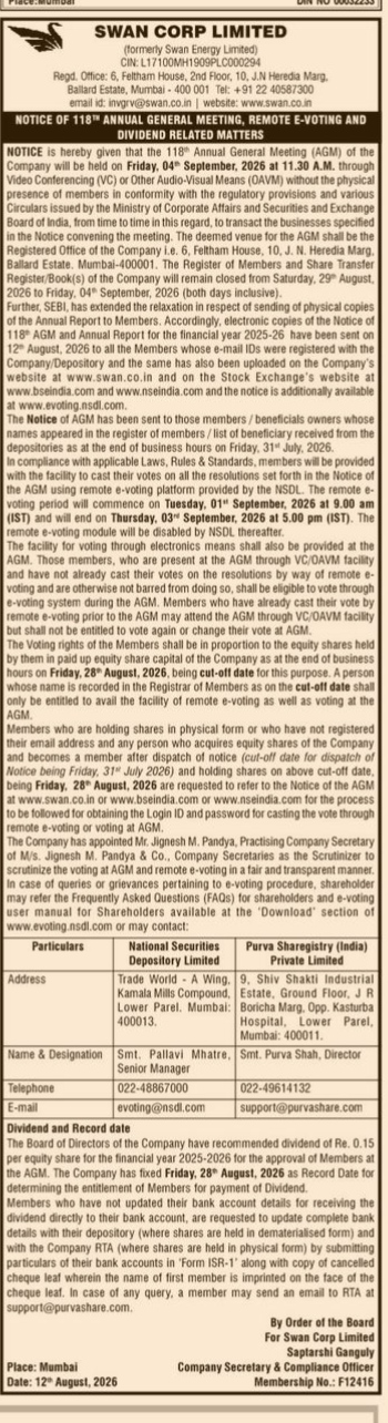 Public Notice: 118th Annual General Meeting of Swan Corp Limited