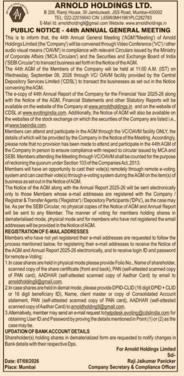 Public Notice - 44th Annual General Meeting of Arnold Holdings Limited