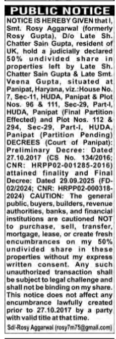 Public Notice: 50% Share Claim on Panipat Properties by Rosy Aggarwal