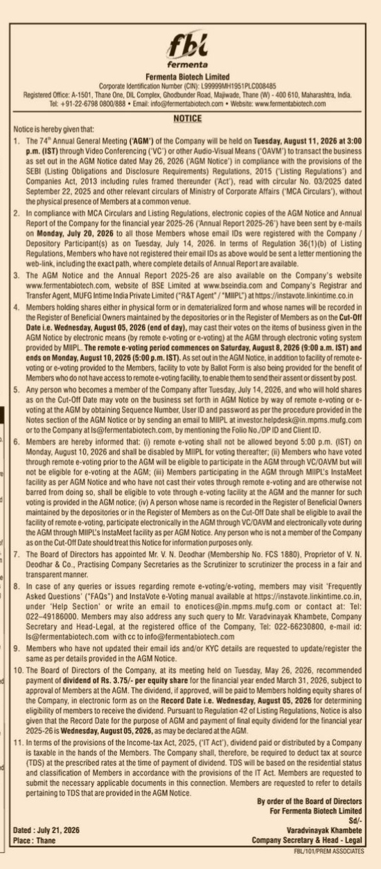 Public Notice: 74th Annual General Meeting of Fermenta Biotech