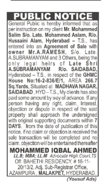 PUBLIC NOTICE about agreement of sale of property