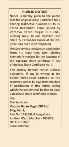 PUBLIC NOTICE ABOUT LOSS OF SHARES
