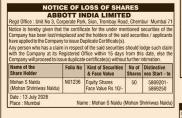 PUBLIC NOTICE ABOUT LOSS OF SHARES
