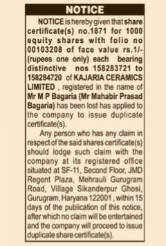 PUBLIC NOTICE ABOUT LOST SHARE CERTIFICATE