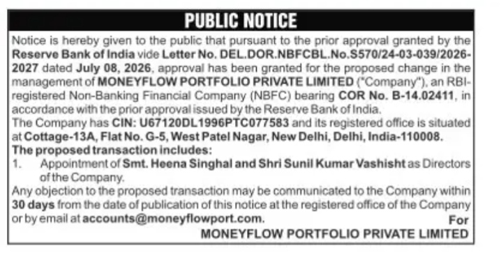 PUBLIC NOTICE ABOUT MONEYFLOW PORTFOLIO