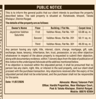PUBLIC NOTICE ABOUT PURCHASE OF PROPERTIES