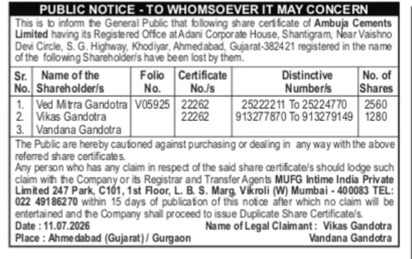 PUBLIC NOTICE ABOUT THE SHARE CERTIFICATE