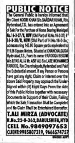 PUBLIC NOTICE: Agreement of Sale for House Property in Chanchalguda, Hyderabad