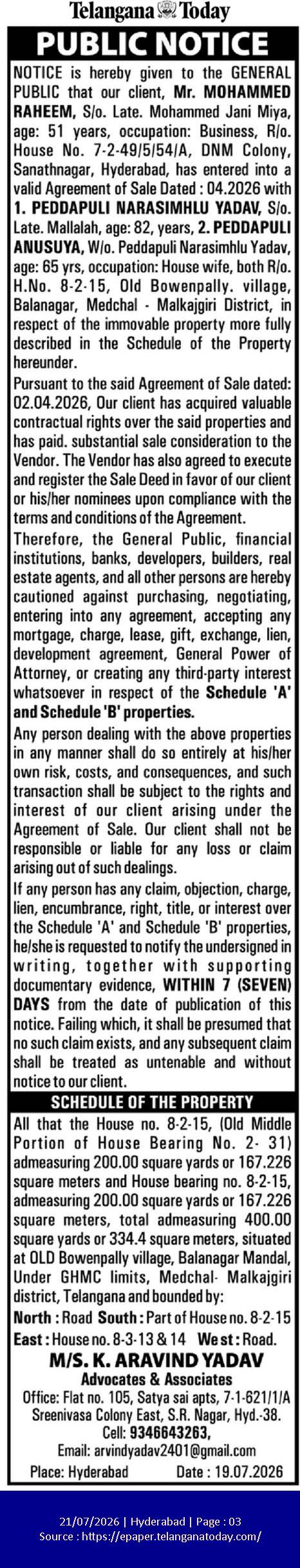 Public Notice: Agreement of Sale for Immovable Property in Old Bowenpally, Hyderabad