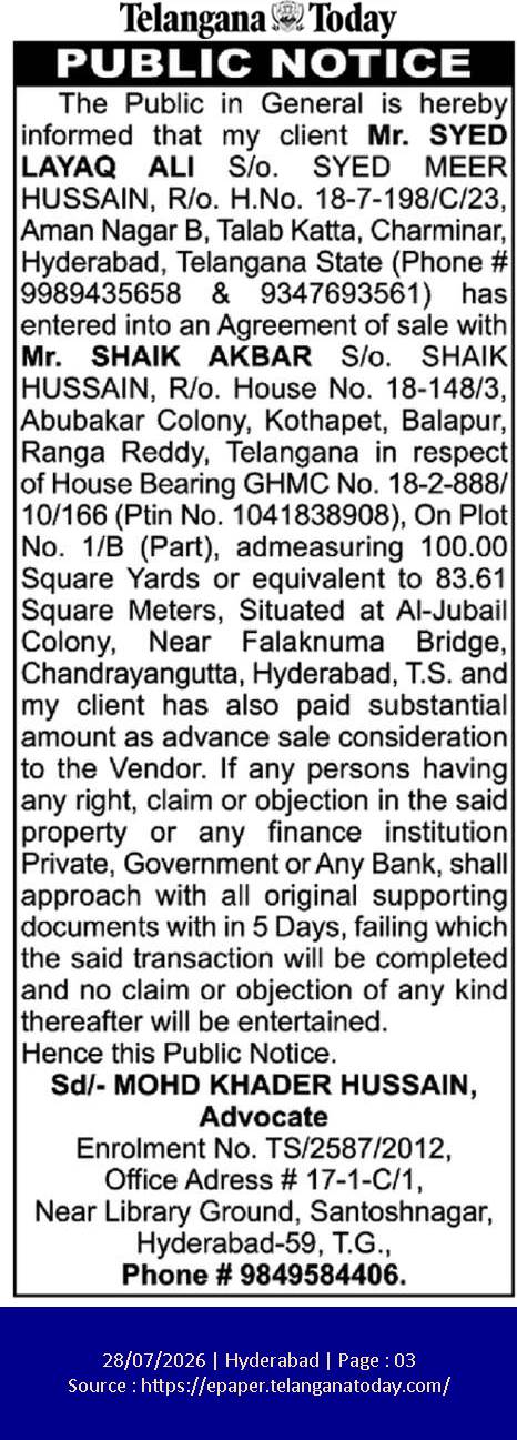 Public Notice: Agreement of Sale for Property in Al-Jubail Colony, Hyderabad