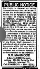 PUBLIC NOTICE: Agreement of Sale for Property in Aman Nagar, Hyderabad
