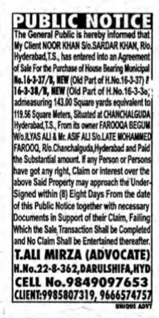 Public Notice: Agreement of Sale for Property in Chanchalguda, Hyderabad