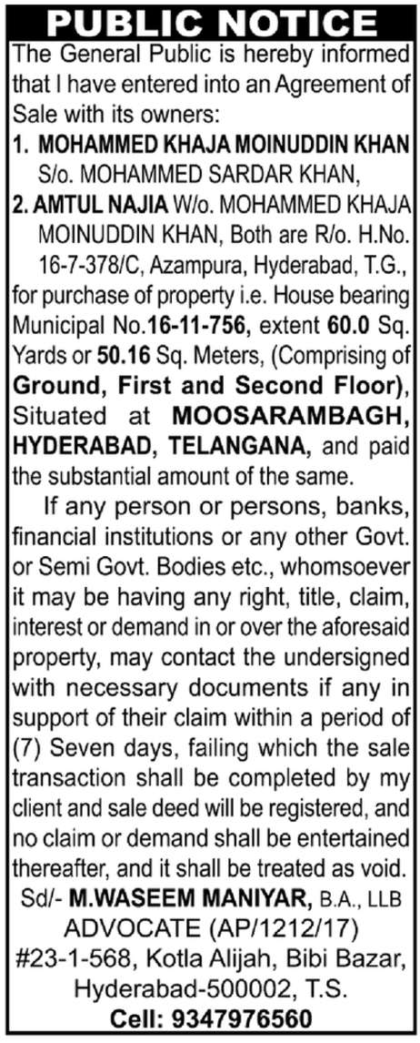 Public Notice: Agreement of Sale for Property in Moosarambagh, Hyderabad
