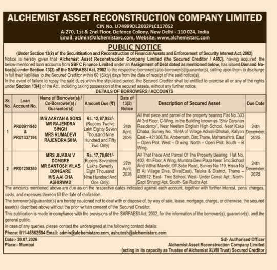 Public Notice: Alchemist Asset Reconstruction Company Limited