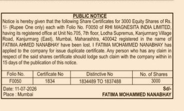 PUBLIC NOTICE ANNOUNCING THE LOSS OF EQUITY SHARES