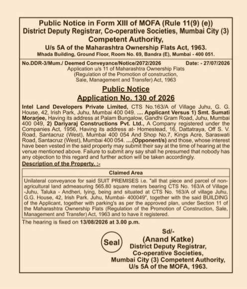 Public Notice: Application No. 130 of 2026 for Deemed Conveyance (Intel Land Developers Pvt. Ltd. vs. Smt. Sumati Morarjee & Anr.)
