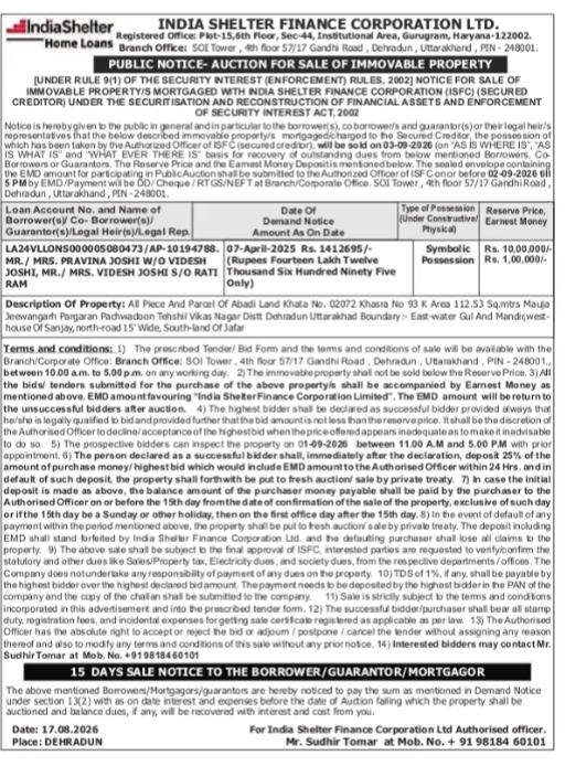Public Notice: Auction for Sale of Immovable Property (