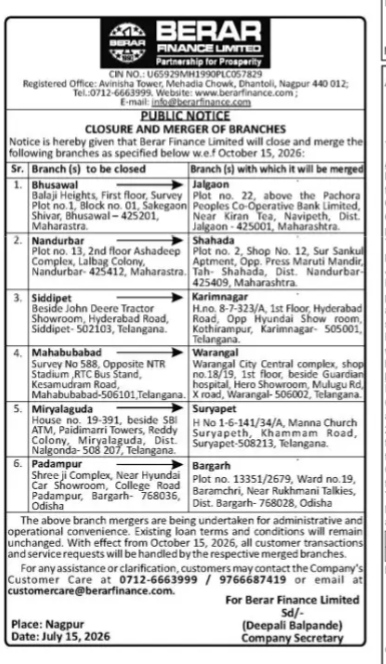 Public Notice: Berar Finance Limited Branch Closures and Mergers