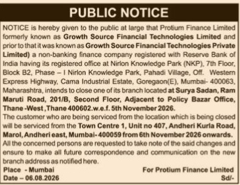 Public Notice: Branch Closure and Relocation of Protium Finance Limited