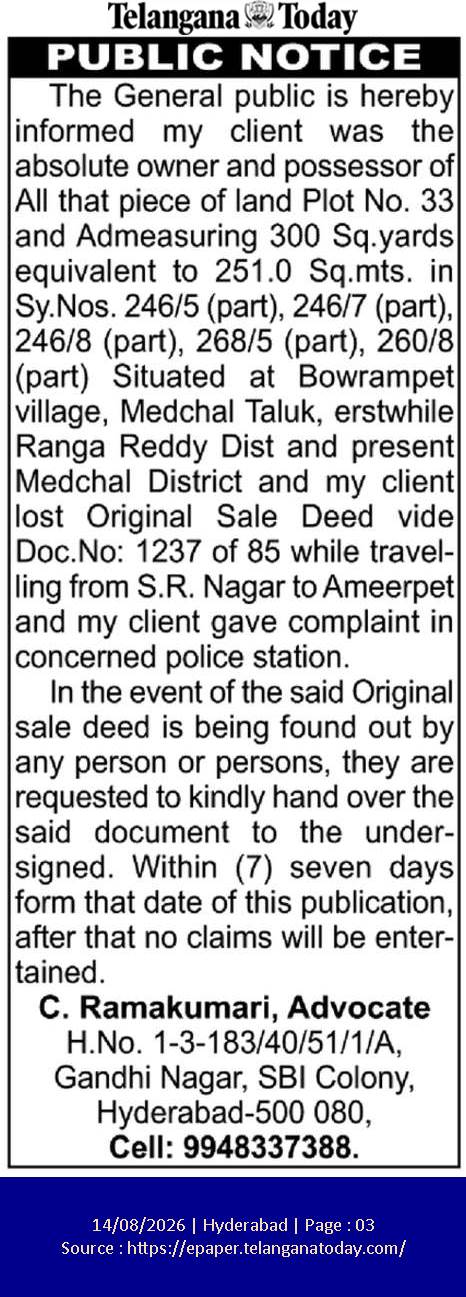 Public Notice by Advocate C. Ramakumari Regarding Lost Deed
