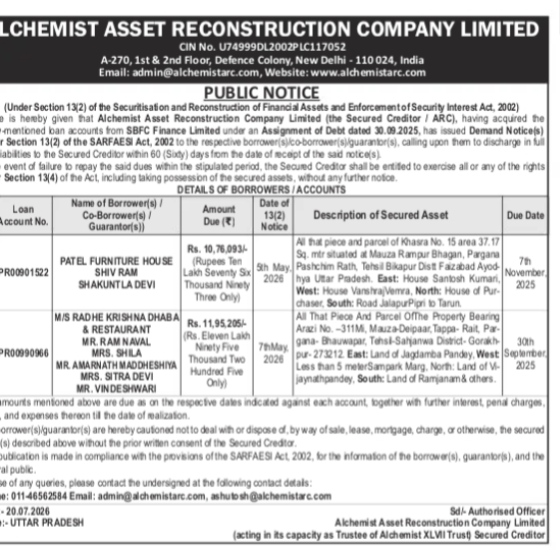 Public Notice by Alchemist Asset Reconstruction Company Limited
