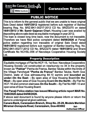 Public Notice by Canara Bank: Missing Sale Deed and Share Certificate for Flat at Penha de Franca, Goa