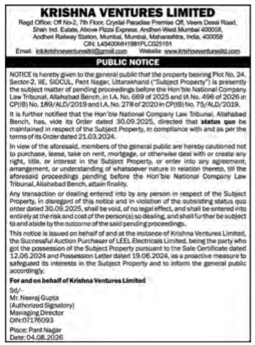Public Notice by Krishna Ventures Limited regarding Status Quo on Pant Nagar Property