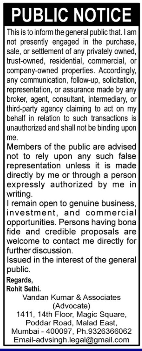 Public Notice by Rohit Sethi Regarding Property Transactions and Authorized Representation