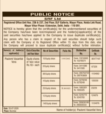 Public Notice by SRF Ltd for Lost Share Certificates