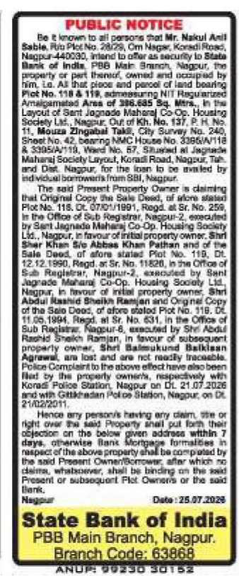 Public Notice by State Bank of India Regarding Property Mortgage and Lost Sale Deeds